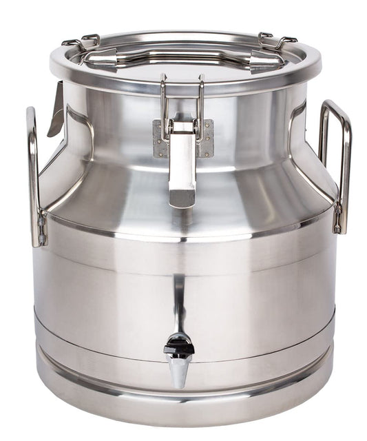 Beeketal 'BMK-20A' 20 liter milk jug transport container made of stainless steel with drain tap, leak-proof lid with seal and clasp lock - dairy milk can for transportation or storage.