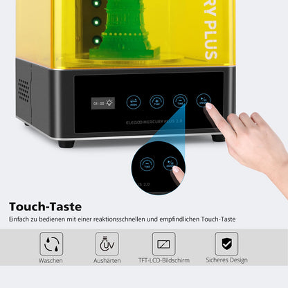 ELEGOO Mercury Plus V2 2-in-1 washing and curing machine for Mars Photon S, Photon Mono LCD, DLP, SLA 3D printed models. Resin UV curing box with rotary curing turntable and washing bucket.