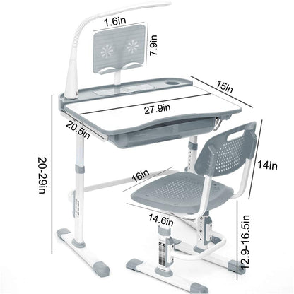 Yinleader Kids Desk and Chair Set, Adjustable Children's Table with Eye-Protecting Lamp, Bookstand, Tilted Desk, perfect for Writing, Reading, and Drawing (grey)