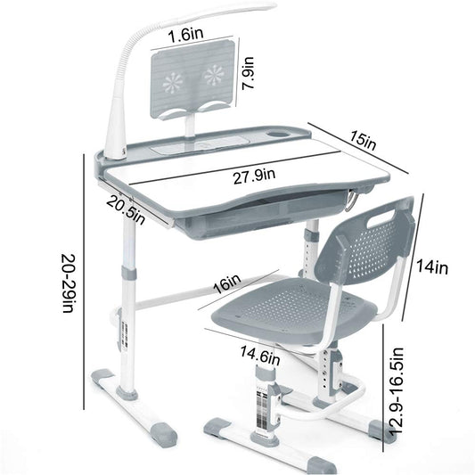 Yinleader Kids Desk and Chair Set, Adjustable Children's Table with Eye-Protecting Lamp, Bookstand, Tilted Desk, perfect for Writing, Reading, and Drawing (grey)