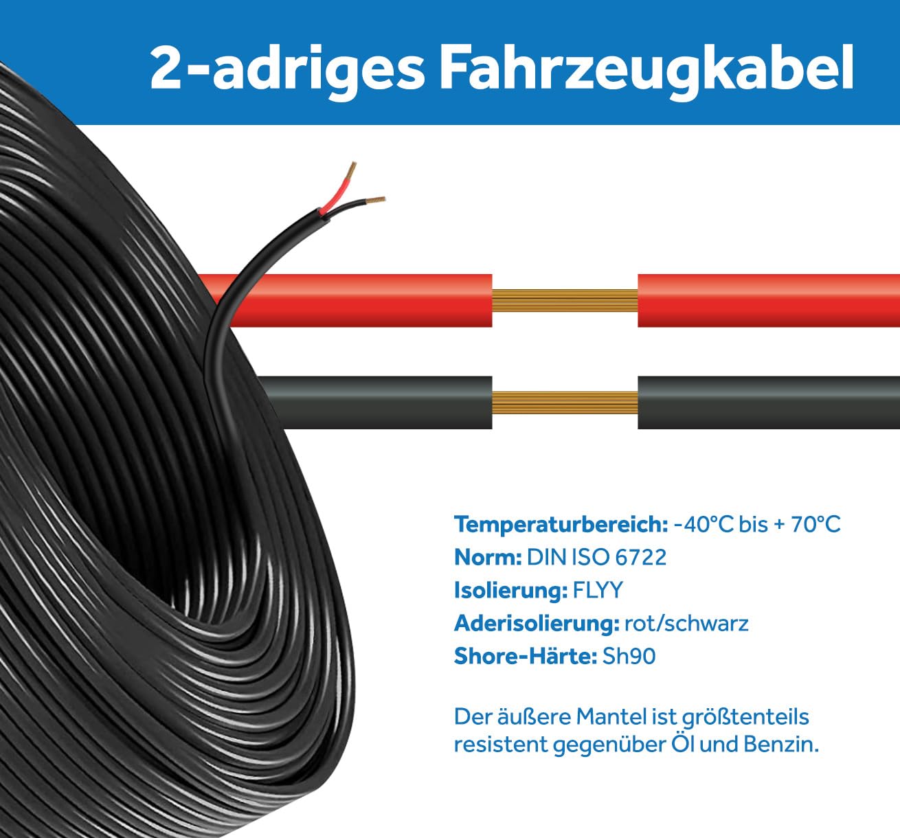 Vehicle Cable Trailer Cable Round or Flat Cable Red/Black 2x 0.75 1.0 1.5 mm² 2-core 6-24 Volt Car Auto (Flat Cable 1.0 mm², 35 meters)