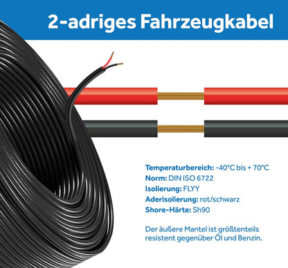 Vehicle Cable Trailer Cable Round or Flat Cable Red/Black 2x 0.75 1.0 1.5 mm² 2-core 6-24 Volt Car Auto (Flat Cable 1.0 mm², 35 meters)