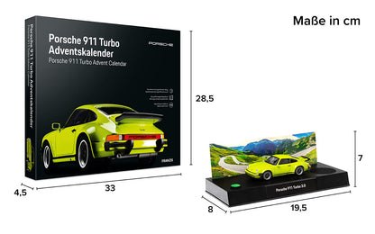 FRANZIS 55109 - Porsche 911 Turbo Advent calendar light green, metal model kit in 1:43 scale, including sound module and 52-page companion book.