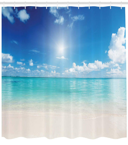 ABAKUHAUS Landscape Shower Curtain, Sky and Tropical Sea, with 12 Rings Set Stylish Modern Colorfast and Mold Resistant, 175x240 cm, Cream Turquoise White