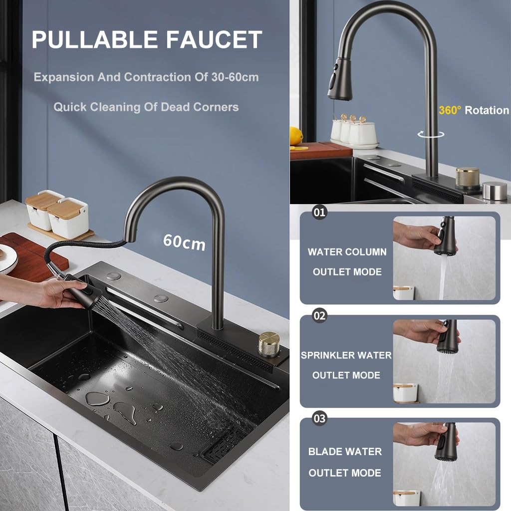 Black Nano Kitchen Sink Stainless Steel Waterfall Sink Set Nano-coated Worktop Sink with Pull-out Faucet and Cup Washer Pressure Glass Washer (Color: A, Size: 75 x 45 x 22 cm)