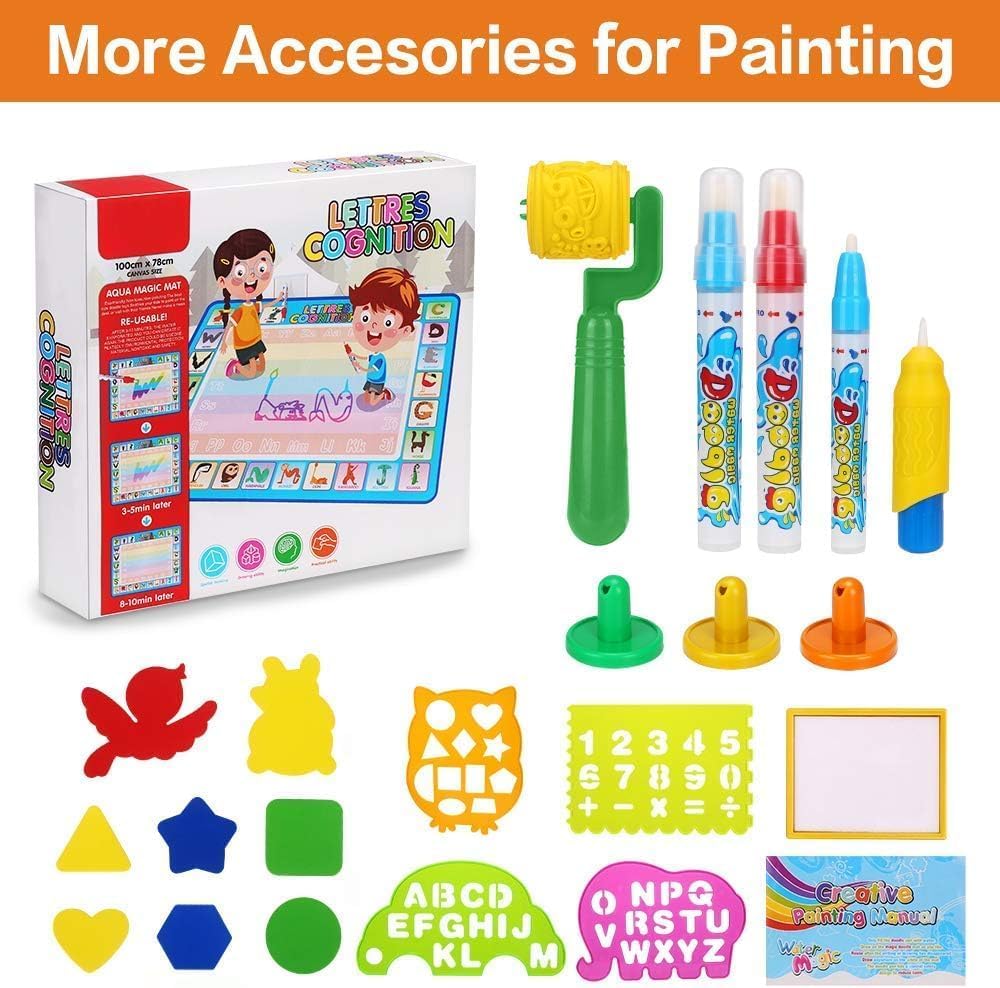 CGBOOM Water Doodle Mat, Painting mat 100 * 78cm XL Aqua Drawing Painting Mat, Mat with Water Pen Tools Stamp Accessories for Toddler 1,2,3,4,5,6 years