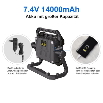MEIHUA LED construction spotlight 60W 6400LM work light, IP66 waterproof portable rechargeable 14000mAh with adapter, 4 modes for workshop construction site garage outdoor lighting camping