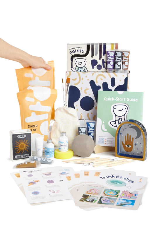 Pottery clay pot set for beginners at home - air-drying. DIY kit for adults. Includes: air-drying clay, tools, colors, brushes, sealant, instructions.