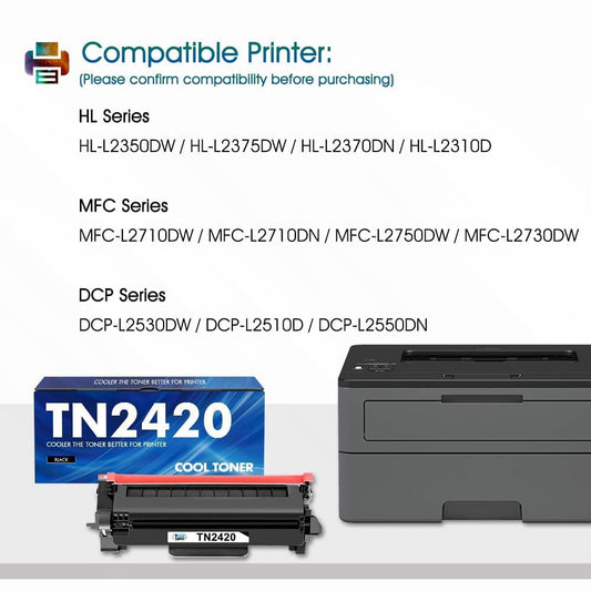 Cool Toner TN2420 TN-2420 compatible toner for Brother MFC L2710DW TN 2420 2410 TN2410 MFC-L2710DW HL-L2350DW MFC-L2710DN HL-L2310D DCP-L2530DW MFC-L2750DW DCP-L2510D HL-L2375DW (Black 2 pack)