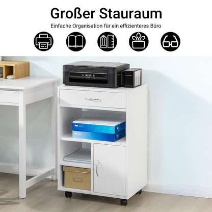 SoBuy printer cart with wheels Mobile printer stand desk cabinet with drawers rolling file cabinet White Side table with wheels for office living room and study 50x75x40cm FBT106-W
