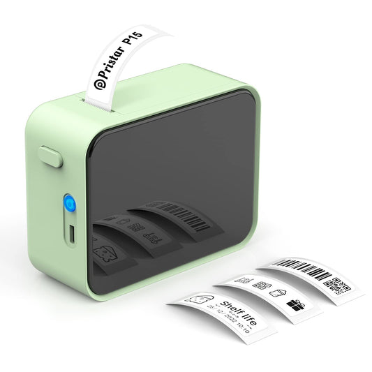 Pristar P15 Bluetooth label printer, self-adhesive, rechargeable. Suitable for iOS & Android, ideal for home, school, office. Green color.