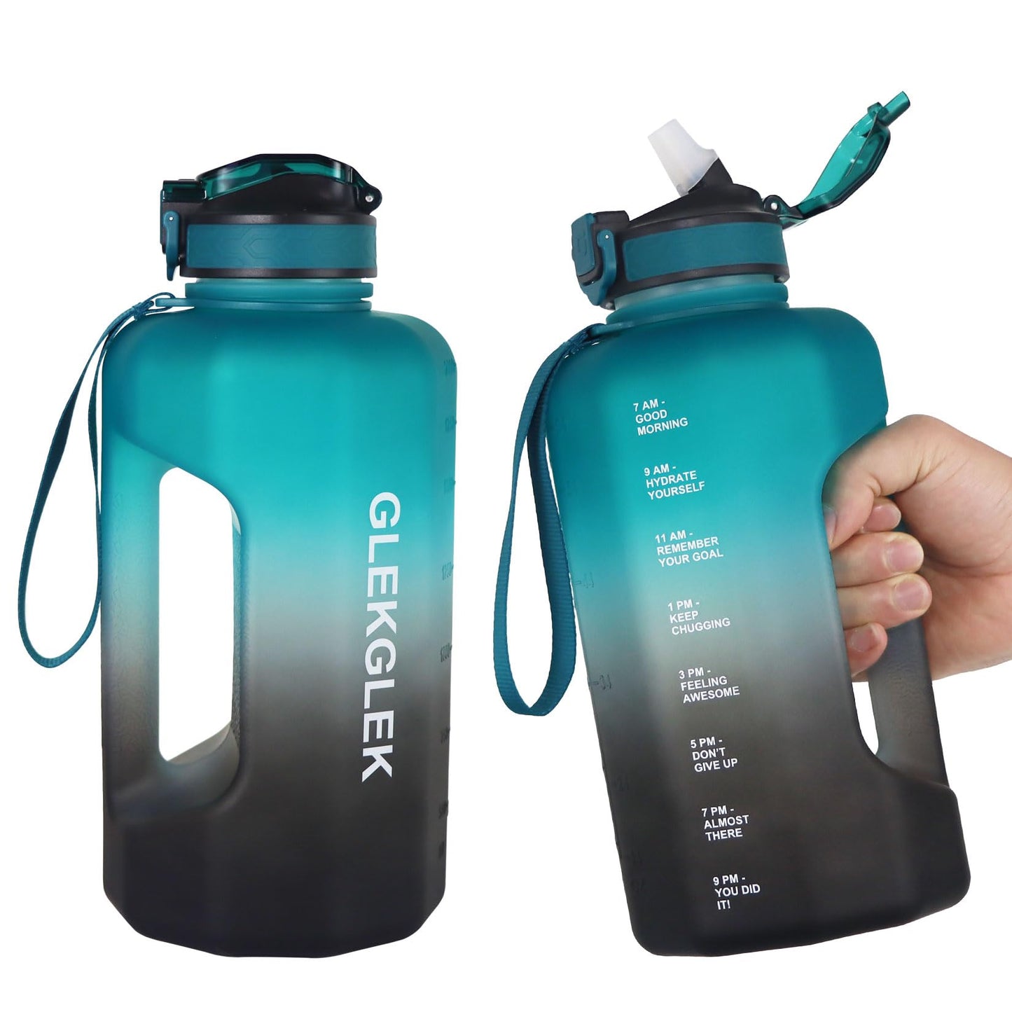GLEKGLEK Large Water Bottle 2.2 Liters, Sports Bottle Gym with Time Markings for Work Exercise Camping (Green Black)