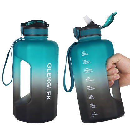 GLEKGLEK Large Water Bottle 2.2 Liters, Sports Bottle Gym with Time Markings for Work Exercise Camping (Green Black)