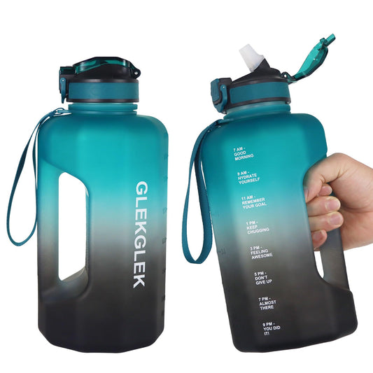GLEKGLEK Large Water Bottle 2.2 Liters, Sports Bottle Gym with Time Markings for Work Exercise Camping (Green Black)