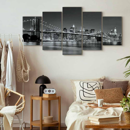 murando - Wall art XXL New York City 100x50 cm 5 pcs wall decor canvas pictures large wall decoration living room picture bedroom art prints - Skyline Brooklyn Bridge City Night Manhattan Grey 030211-51