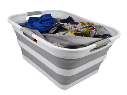 SAMMART 42L collapsible plastic laundry basket - foldable pop-up storage container/organizer - portable washing tub - space-saving basket/bin (White/Grey)