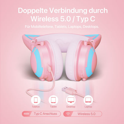 YOWU RGB Cat Ear Headphone 3S Wireless 5.0 Foldable Gaming Headset with built-in microphone & customizable lighting and effects through app, Type-C charging audio cable, for PC Laptop Mac Smartphone (Pink)