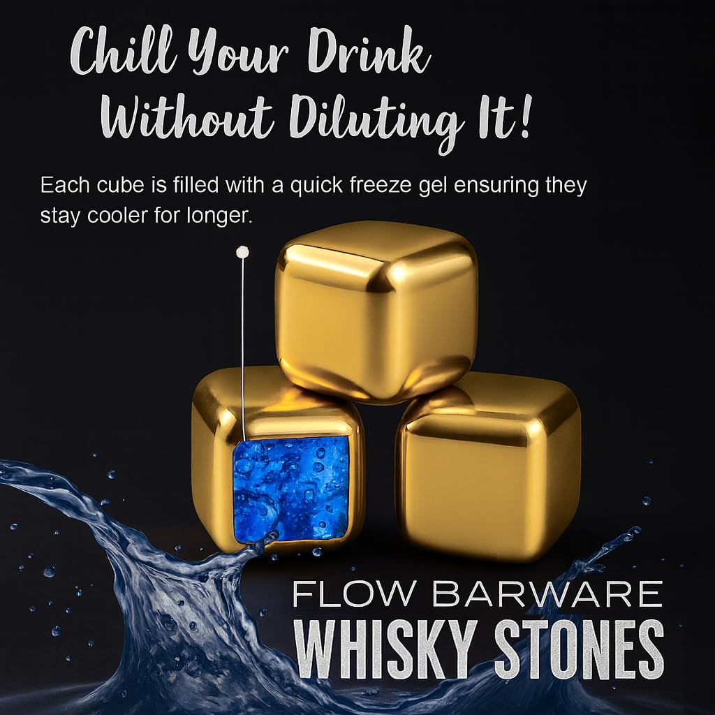 FLOW Barware Gold Whiskey Stones, gift set with ice tongs and storage bag, reusable metal ice cubes, prevent dilution of whiskey, rum, brandy, wine and gin drinks.