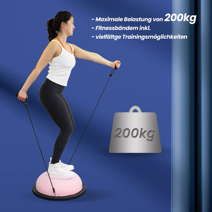 DH FitLife Balance Ball, Yoga Balance Trainer Φ60*22cm up to 200KG capacity, half Gym Ball Fitness Balance Board, Balance Board with pump and 2 fitness bands, Pink.
