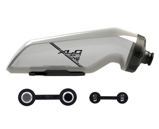 XLC Bicycle Water Bottle: The XLC MRS Set MR-S14 with adapter for existing MRS rail MY2021 on the bike, adapter for Fidlock, and water bottle, 650ml.