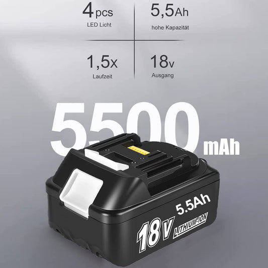 2 pieces battery replacement for Makita 18V battery 5.5Ah, BL1860B BL1850B for construction site radio DMR108 DMR110 DMR107 DMR112 DMR104 Radio with LED tool battery