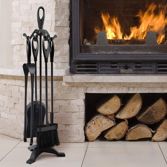 Amagabeli 25.2”(64cm) 5-piece Fireplace Tools Set Wrought Iron and Interior Fireplace Accessories Wood Holder Fireplace Stand Fire Tongs Shovel Antique Brush Chimney Poker Wood Stove (Black)