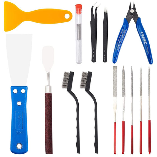 OLYCRAFT 23-piece 3D printer nozzle cleaning and removal tool set includes spatula knives, wire brush, scraper knives, diamond files, and tweezers for 3D printer cleaning.