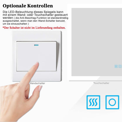 100x60cm LED bathroom mirror with lighting, touch switch, demister, dimmable feature in cool white/warm white. Can be mounted horizontally or vertically, energy-saving IP44 rated.