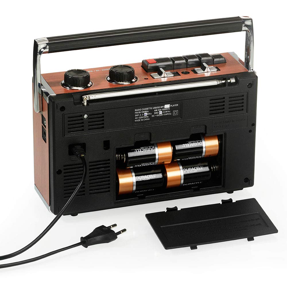Ricatech PR85-80s cassette recorder, AM/FM/SW radio, USB, SD card slot, built-in microphone, auto stop, portable, 1x8 watt built-in speakers, headphone jack.