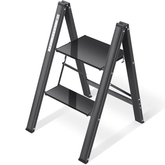KINGRACK Step Ladder, 2 Step Stool, Folding Step Ladder with Handrail, Non-Slip Household Ladder with Folding Lock, Black Aluminum Step Stool