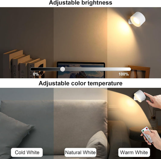 Lightess LED wall light indoor battery wall lamp cordless dimmable without power connection with remote control & touch control 360° rotatable wall light 3 color temperatures for living room bedroom staircase