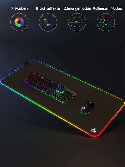 EASEMO Gaming Mousepad, RGB Mousepad, XXL large (900 x 400 x 4 mm) with 7 LED colors, 11 lighting modes, and waterproof fabric surface, non-slip rubber base for PC, laptop, keyboard