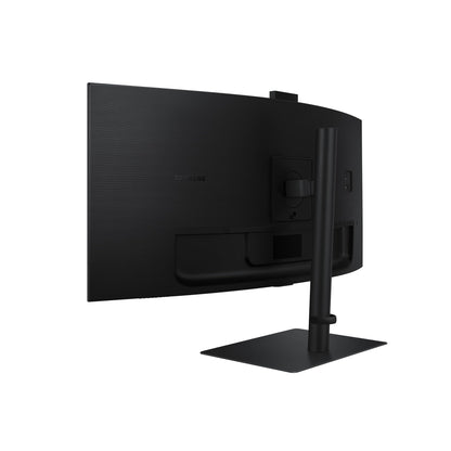 Samsung ViewFinity S65VC Curved Monitor 34-inch with speakers and webcam, VA panel, 3440 x 1440 resolution, 100Hz refresh rate, 5ms response time, 90W charging via USB-C, pivot feature.