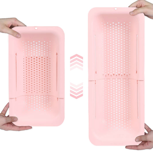 BLUE GINKGO sink strainer - wash vegetables and fruits, drain cooked noodles - retractable - kitchen utensils (20 W x 37~49 L x 7 H) cm - Pink