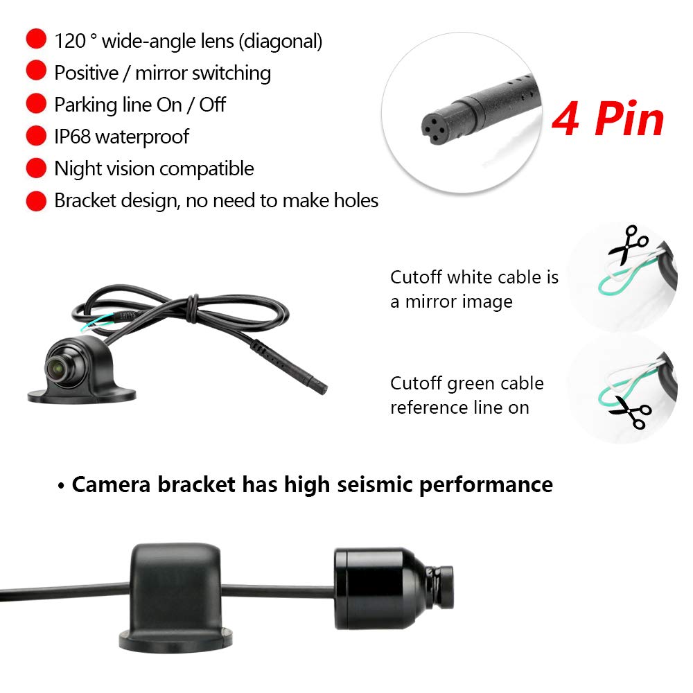 Jansite car backup camera side view camera without drilling car rear view camera IP68 waterproof front camera 120-degree wide angle lens night vision 12V