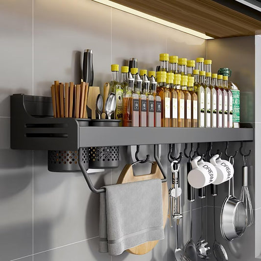 Spice rack, hanging spice rack, spice racks kitchen shelf wall without drilling, spice organizer with knife slot, hooks, cup, kitchen shelf wall for spices, black, 60cm