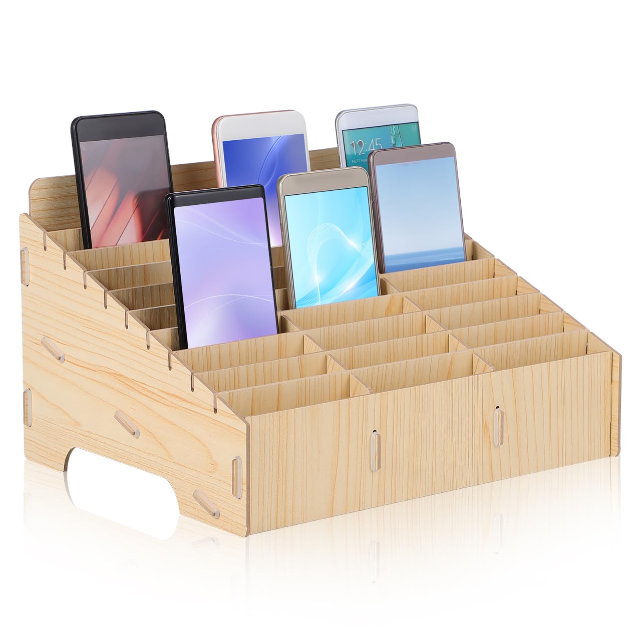 Gogogmee 30 compartment mobile phone storage wooden box organizer for desk cable management and display rack for office and school.