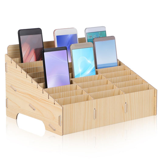 Gogogmee 30 compartment mobile phone storage wooden box organizer for desk cable management and display rack for office and school.