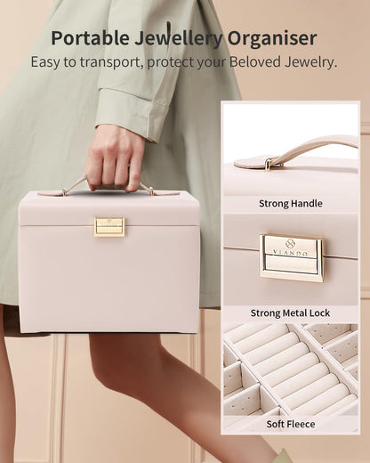 Vlando Jewelry Box Large with 4 layers, Jewelry Case PU Leather, Jewelry Box with Mirror and Drawers, Jewelry Organizers, Velvet lining, Beige