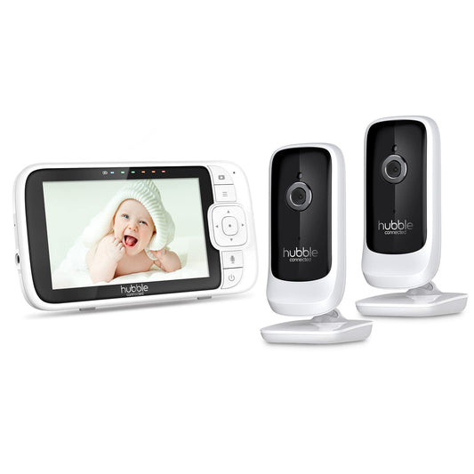 Hubble View Premium Twin 5" Baby Monitor with 2 cameras, pan tilt digital zoom, 2-way communication, night vision camera, split-screen view, 1000ft range, wireless monitoring cameras without Wi-Fi.