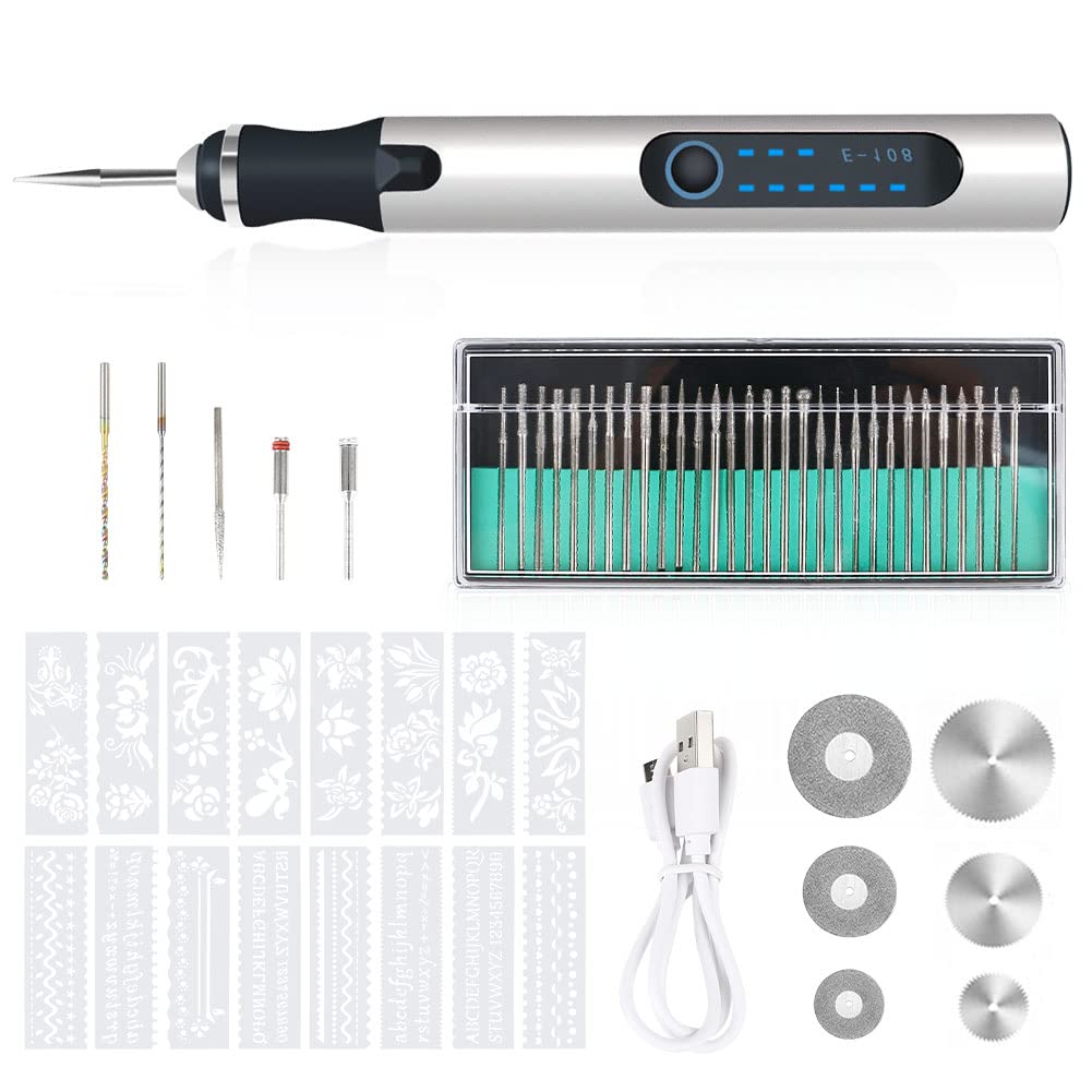Engraving Tool Set, USB Mini Engraving Pen With Engraving Accessories, Wireless Engraving Device For Metal Glass Wood Stone Jewelry Nails Ceramic (Silver-1)