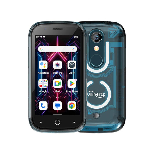 Unihertz Jelly Star (Blue) - Smallest 4G smartphone with LED light and 3-inch display, Android 13, 8GB RAM + 256GB ROM, weight 116g, 48MP camera.