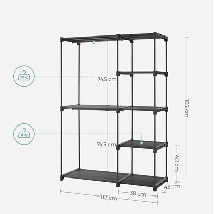 SONGMICS Open Wardrobe, Clothes Rack, Hanging Rail, Wardrobe, 2 Hanging Compartments, ample space, for Bedroom, Living Room, 112 x 43 x 165 cm, black RYG24BK