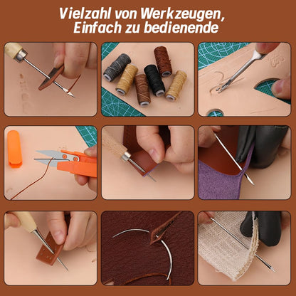 Wamkon leather crafting tools leather crafting sets leather sewing tools with storage bag cutting mat stamping tool pricking iron stitching groove for DIY sewing cutting and stitching.
