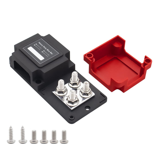 STANEW 400A Bus Bar Box Fuse Block Holder Copper-Made Heavy Duty Module Suitable 12V-48V DC, 8 x M10 (3/8 Inch) for solar-powered RVs, busbar clamps Black+Red Cover