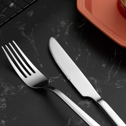 WUJO cutlery set, stainless steel silverware, 30-piece set including knives, forks, spoons, cake forks, tea/coffee spoons. Cutlery for 6 people, mirror polished, dishwasher safe.