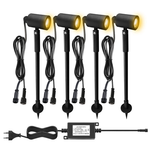 CHNXU 4-piece LED garden lighting 3W garden light IP67 waterproof warm white 3000K 180LM height adjustable garden lamp garden spotlight with 12V power supply for outdoor trees, meadows, gardens, lawns, yards.