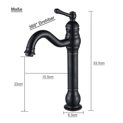 FWZZQ Black Retro Bathroom Faucet, Basin Faucet High 360° Swivel, Single Handle Sink Faucets, Nostalgic Brass Bathroom Mixer Tap for Bathroom