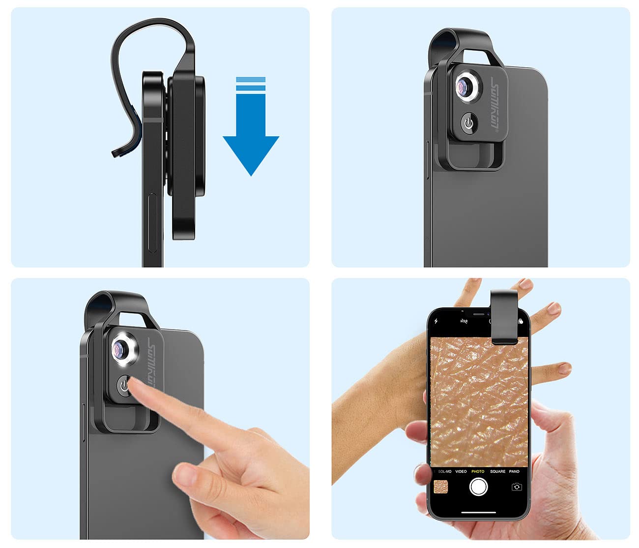 Somikon Mobile Microscope: Microscope attachment lens for smartphones, 200x magnification, 6 LEDs (smartphone magnifier, pocket microscope, iPad holder)
