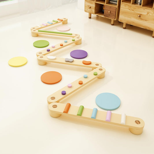 BanaSuper Wooden Toddler Balance Beam Colorful Obstacle Stones Montessori Toy for Kids Balance Training Gymnastics Obstacle Children Balance Board (Balance Beam with Stepping Stones)